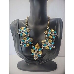 Vintage Necklace Bib Floral Statement Vibrant Blue Yellow Teal Gold Tone Jewelry